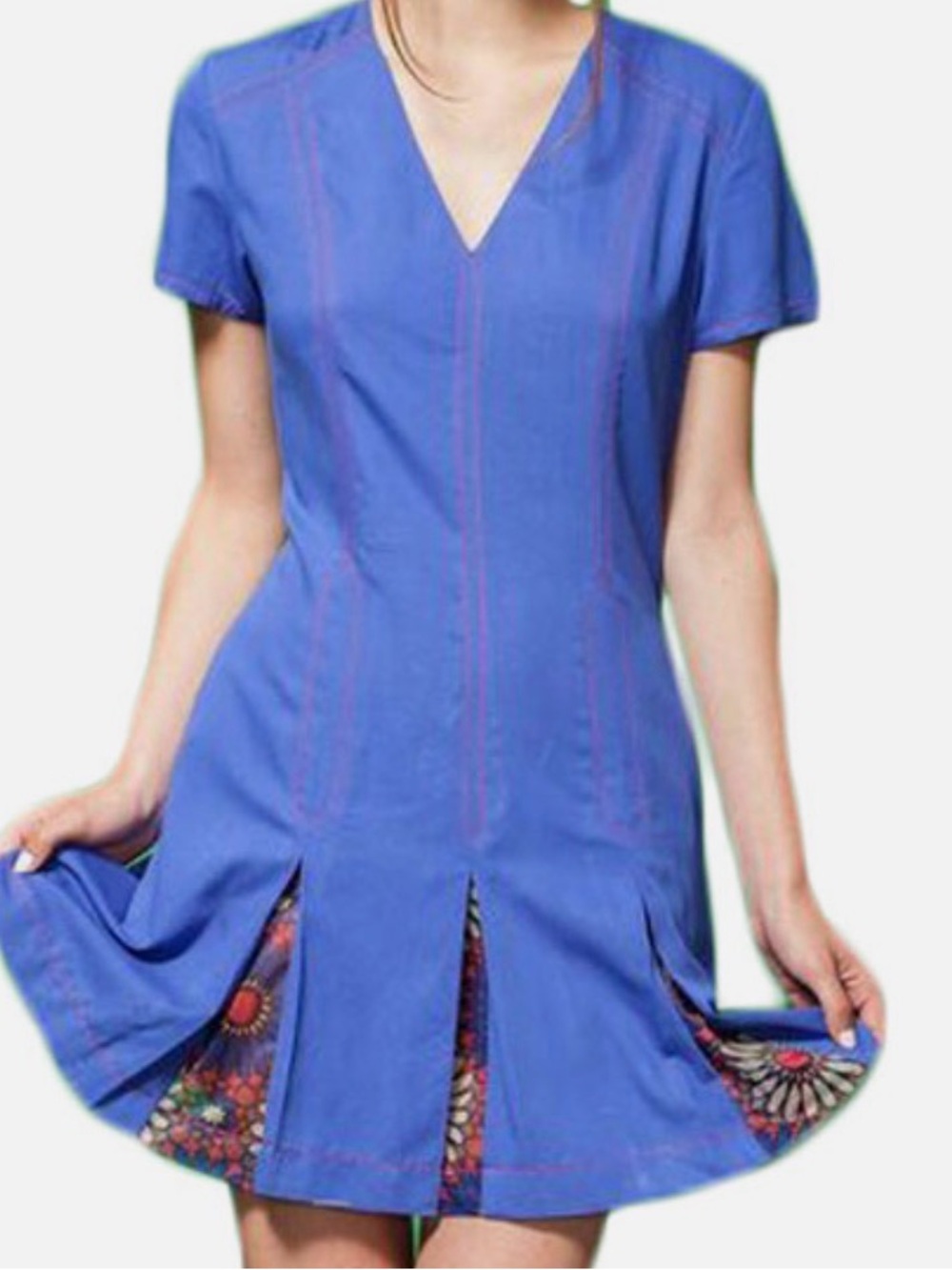 Blue V-Neck Short Sleeve Mini Dress with Floral Panel Accents